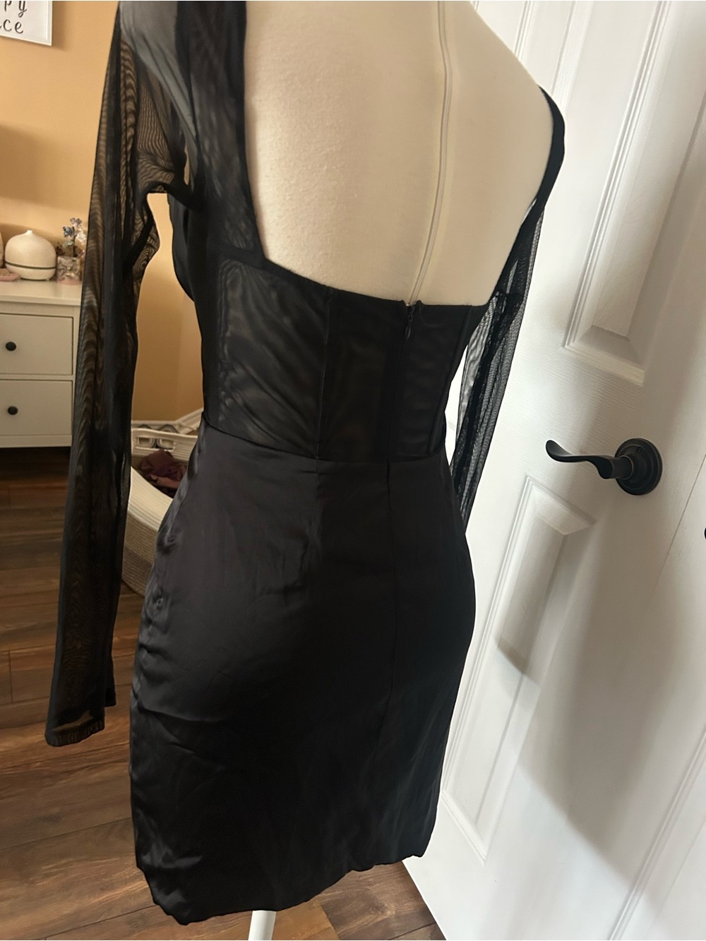 Sleek Black Mesh Sleeve Corset Mini Dress - Picture 5 of 5
